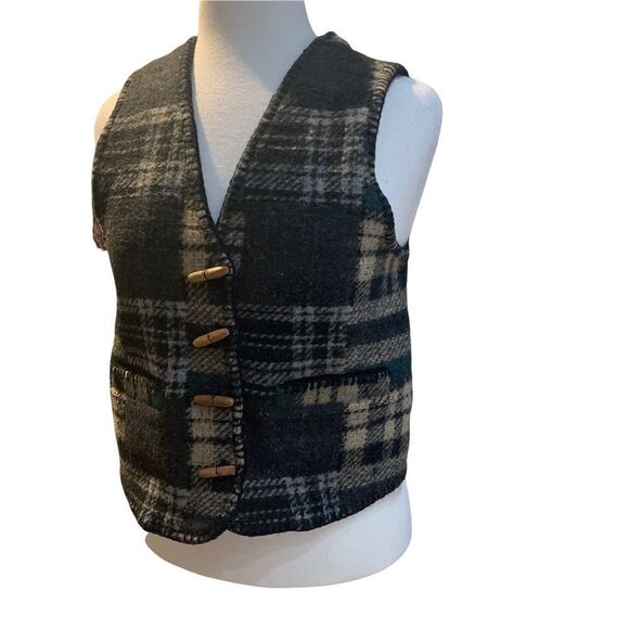Vintage ATLAST & Co Black & Gray Wool Plaid Vest Size Large - Picture 4 of 5